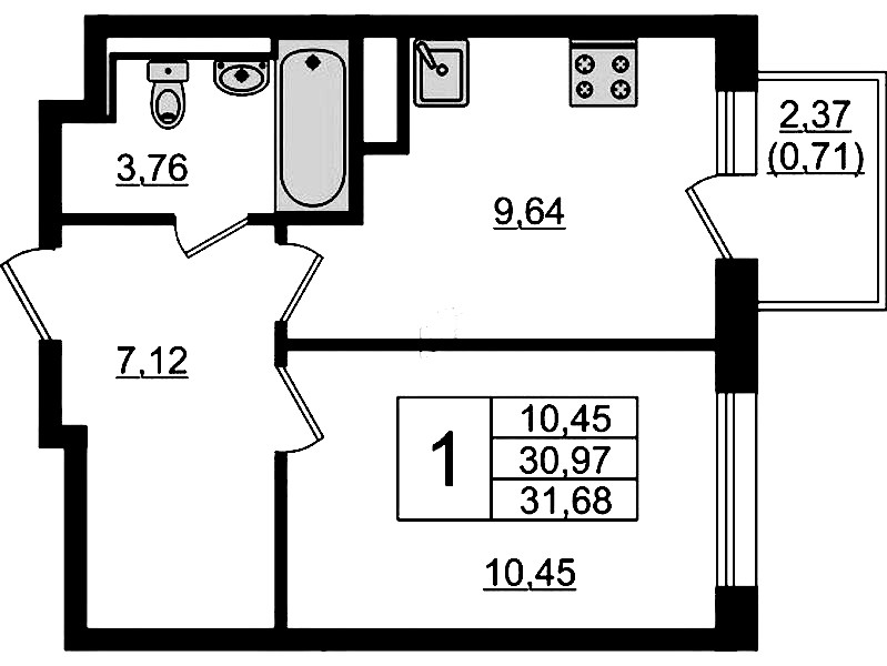 1-комнатная квартира 31.68 м², 7/12 эт., ЖК «Новые Лаврики»